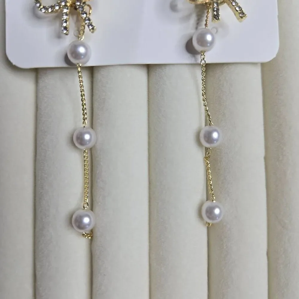 Elegant Vintage Bow Pearl Tassel Stud Earrings